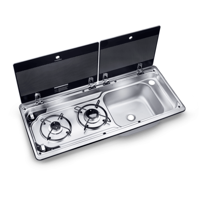 Dometic MO 9722R Cam Kapaklı 2 Gözlü Ocak + Evye Kombinasyonu