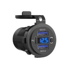 Çift QC 3.0 USB & PD Type C 12V 8,5A Şarj Prizi – Voltmetreli