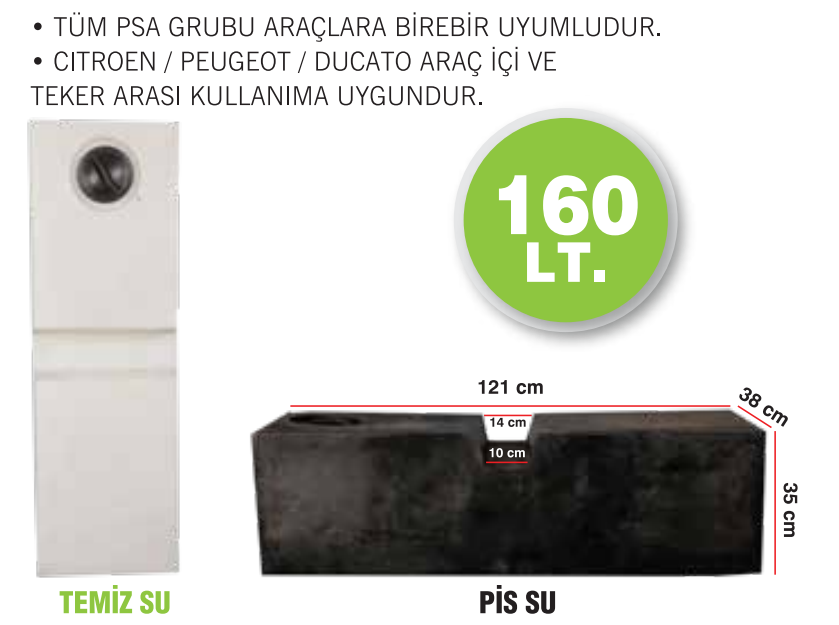 Karavan Su Deposu 160 Lt PSA Grubu Uyumlu